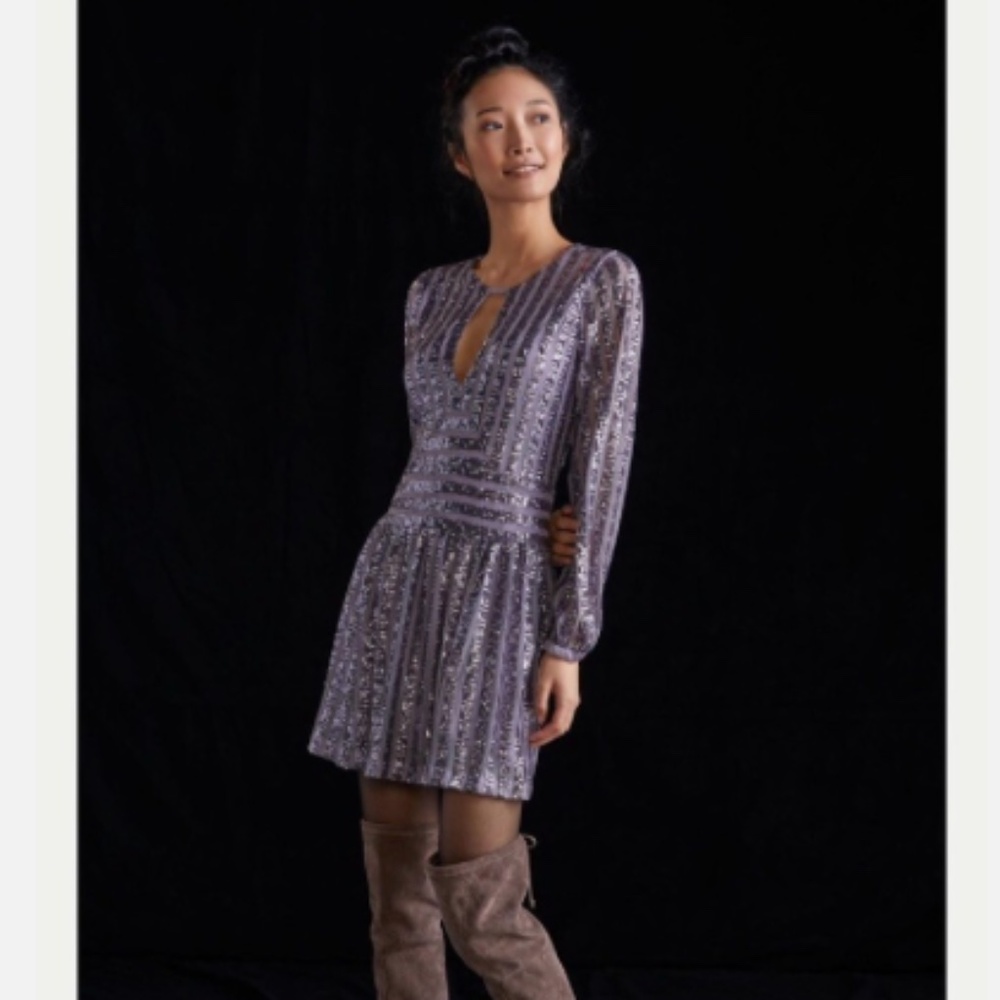 Anthropologie Lilac Purple Sequin Open Back Long Sleeve Mini Dress Size 4